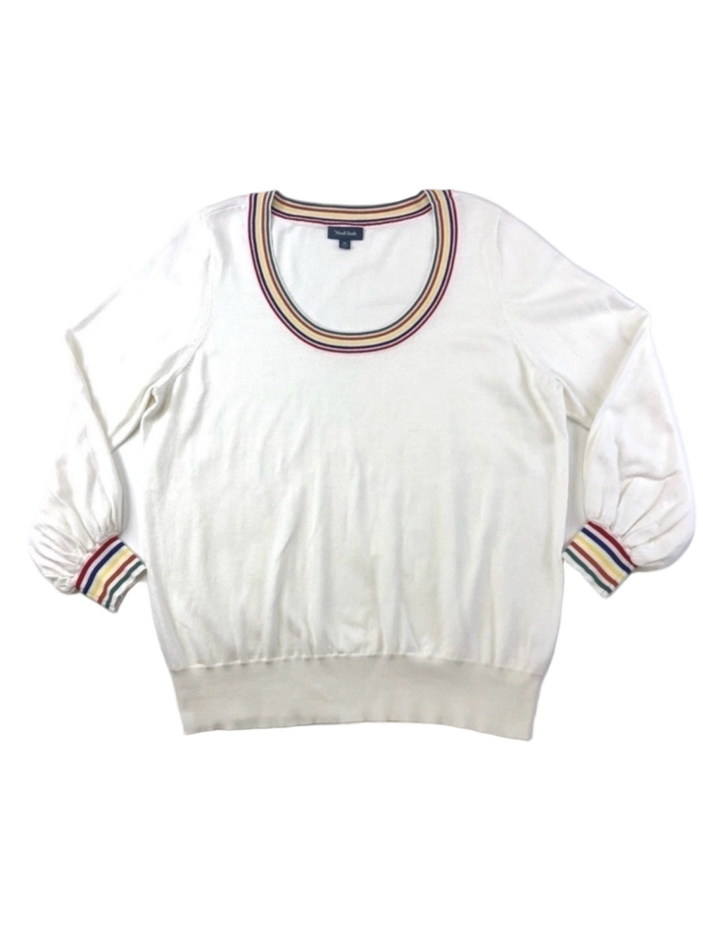 ModCloth white knit tennis stripe cuff scoop neck pullover sweater 1X Preppy